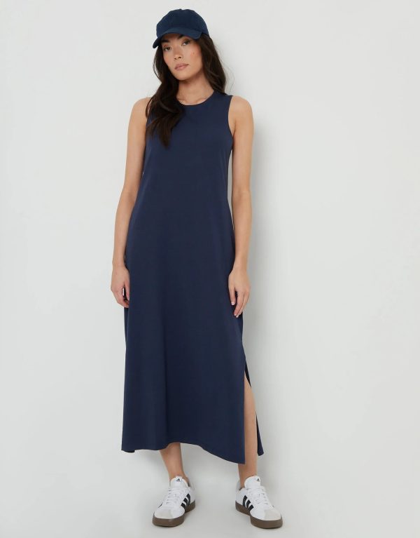 Women's Navy Sleeveless Jersey Midi Dress with Pockets Siouxe