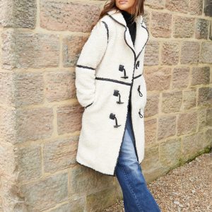 Women's Ecru Longline Fleece Borg Toggle Coat Siouxe